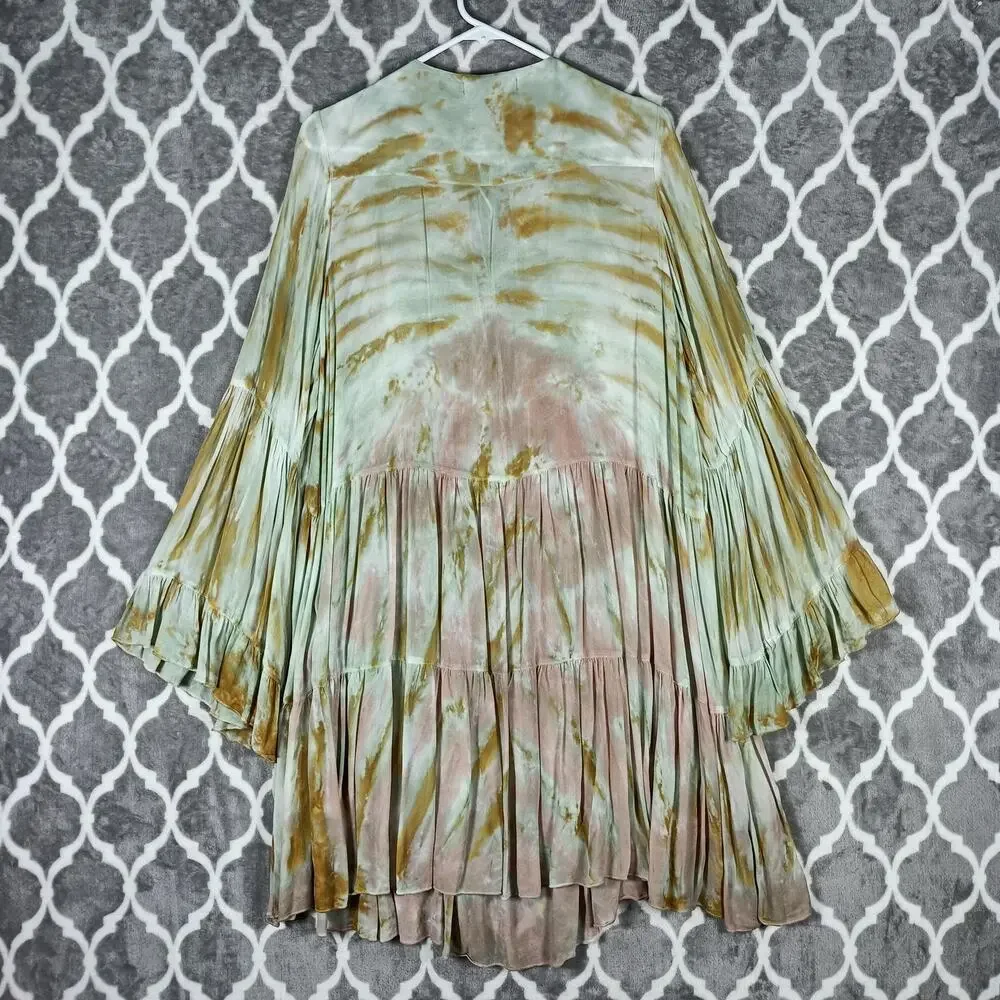 Young Fabulous & Broke Dress Medium Tie Dye Semi Sheer Boho Bell Sleeve - Picture 2 of 7